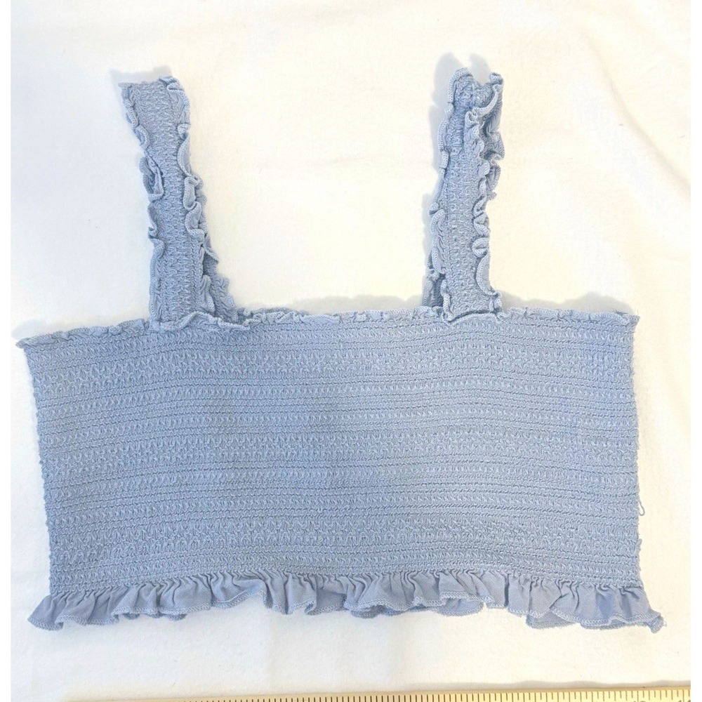 Kendall & Kylie S Crop Top Women's Blue Solid Knit Square Neck Smocked Ruffle